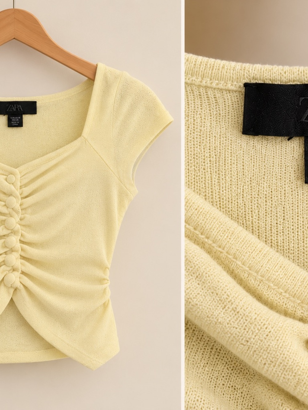 Zara Soft Lemon Ruched Button Knit Top